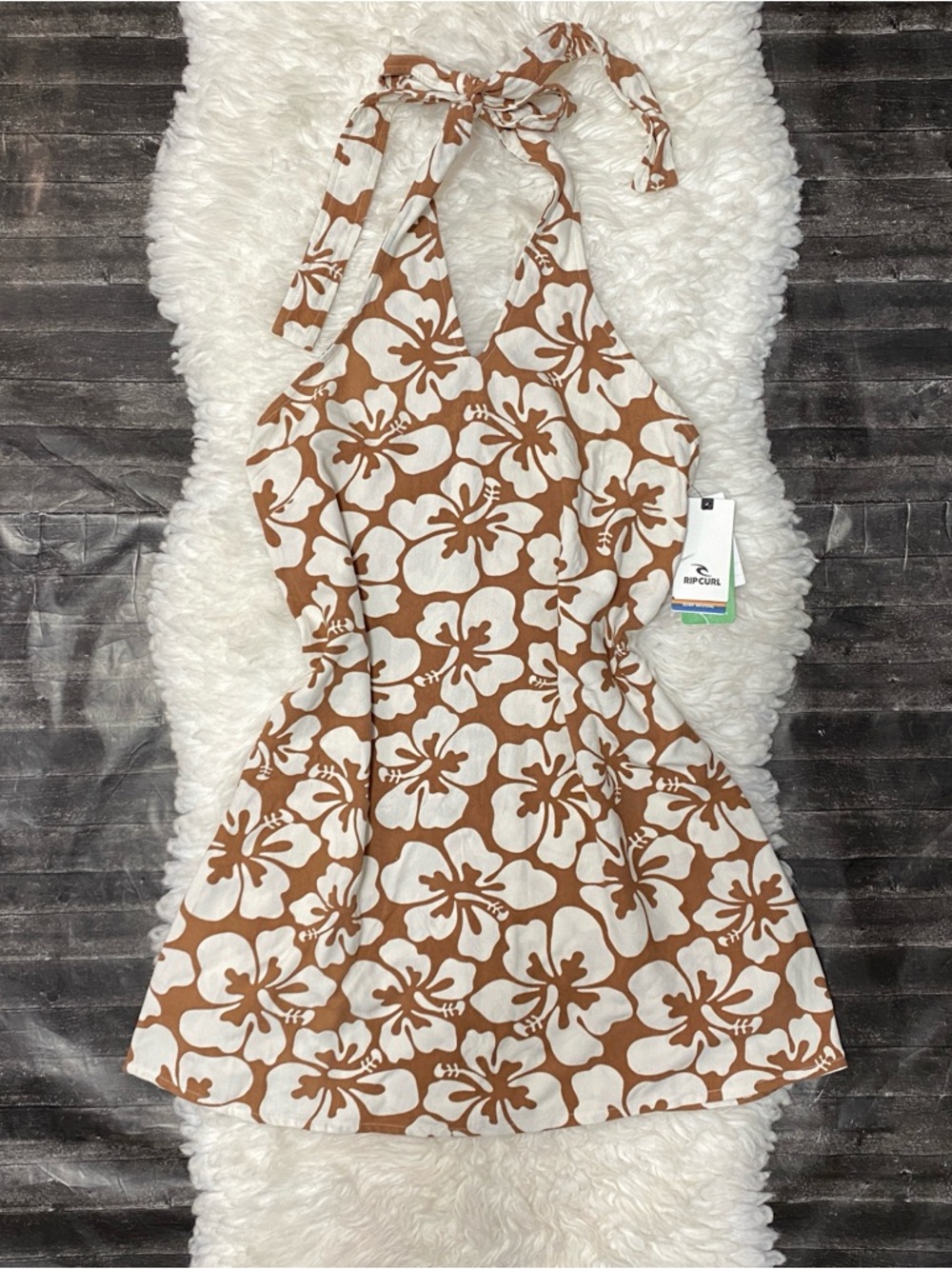 RIP CURL HALTER MINI DRESS BROWN CREAM HIBISCUS FLORAL TROPICAL COCONUT GIRL